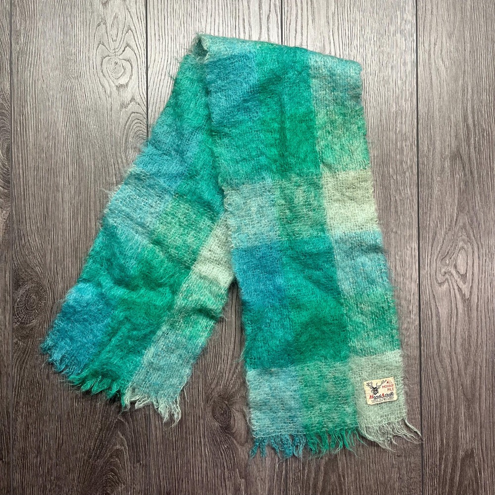 Vintage Hand Acraft Scotland Mohair Wool Blue Scarf Knit Throw Designer Plaid